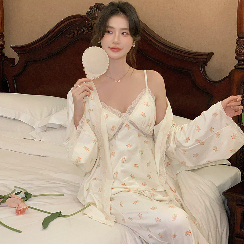 法式睡衣套装吊带女士秋冬款水貂绒甜美印花可外穿长裤睡衣三件套|undefined