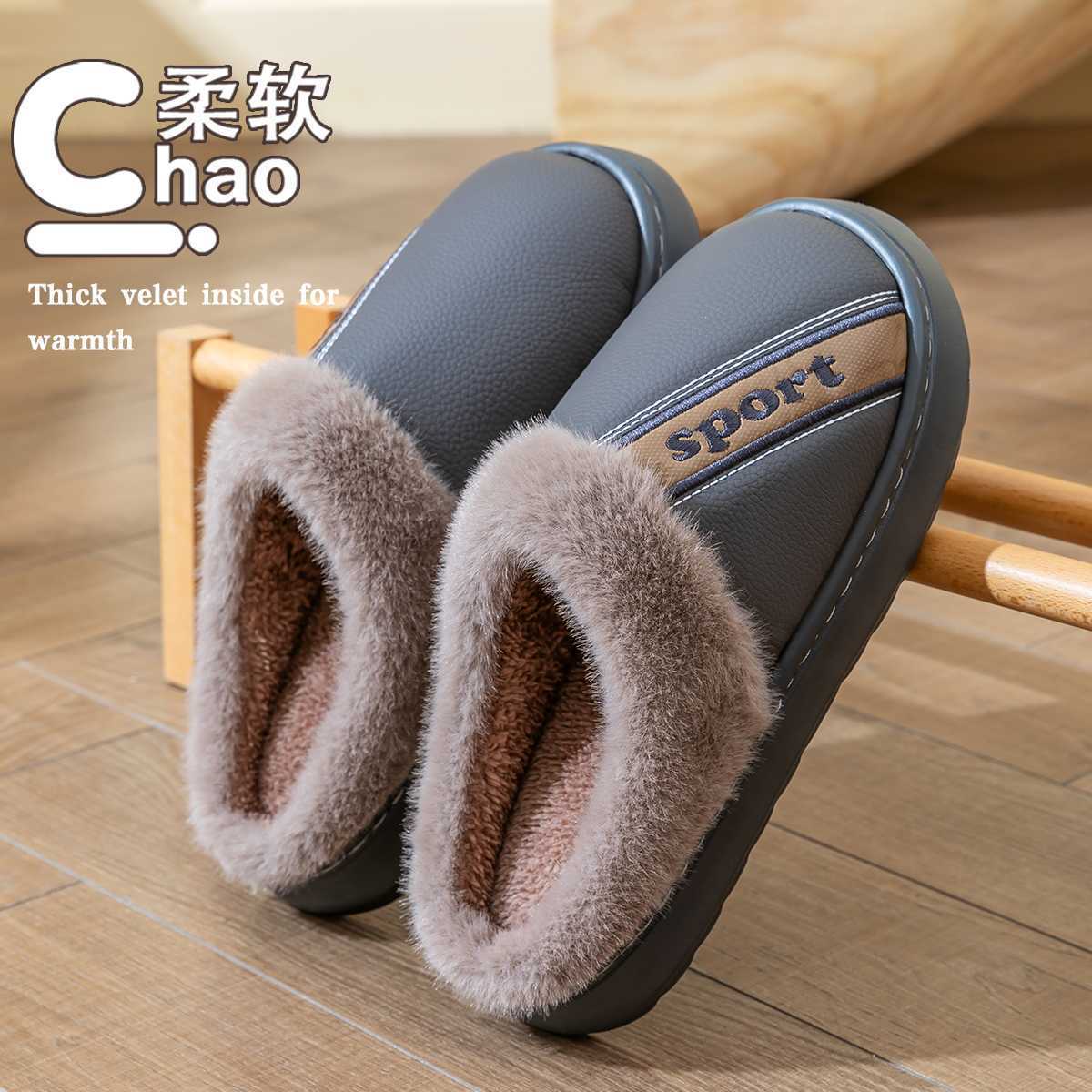2025 nuevas zapatillas de algodón para hombres en invierno pu impermeable a prueba de desgaste fondo grueso antideslizante para el hogar interior mujeres a prueba de frío image 15