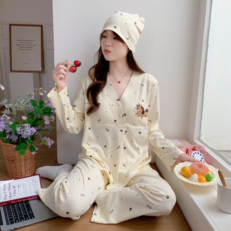 [Free Hat] Maternity-Grade Postpartum Clothing with Breast Pads, Postpartum Nursing Pajamas, Breastfeeding Pregnancy Loungewear