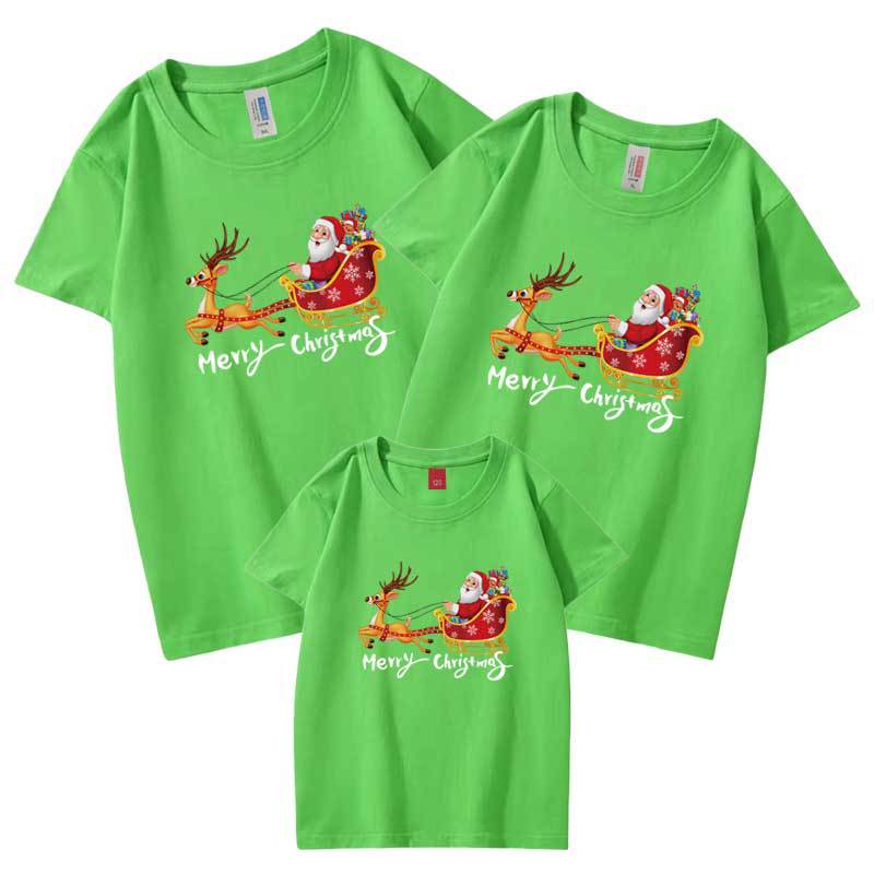 Nueva camiseta de media manga de algodón para padres e hijos de verano 2022 Navidad alces carruaje Santa Claus Día de Año Nuevo ropa de clase
