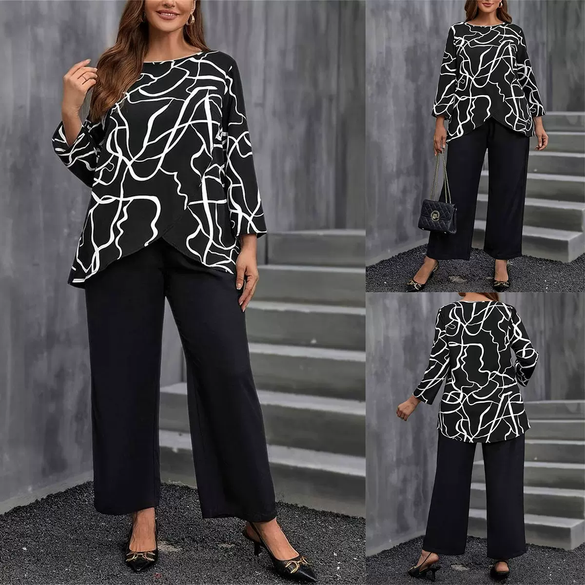 欧美跨境亚马逊新品时尚两件套印花宽松休闲长袖直筒长裤大码套装