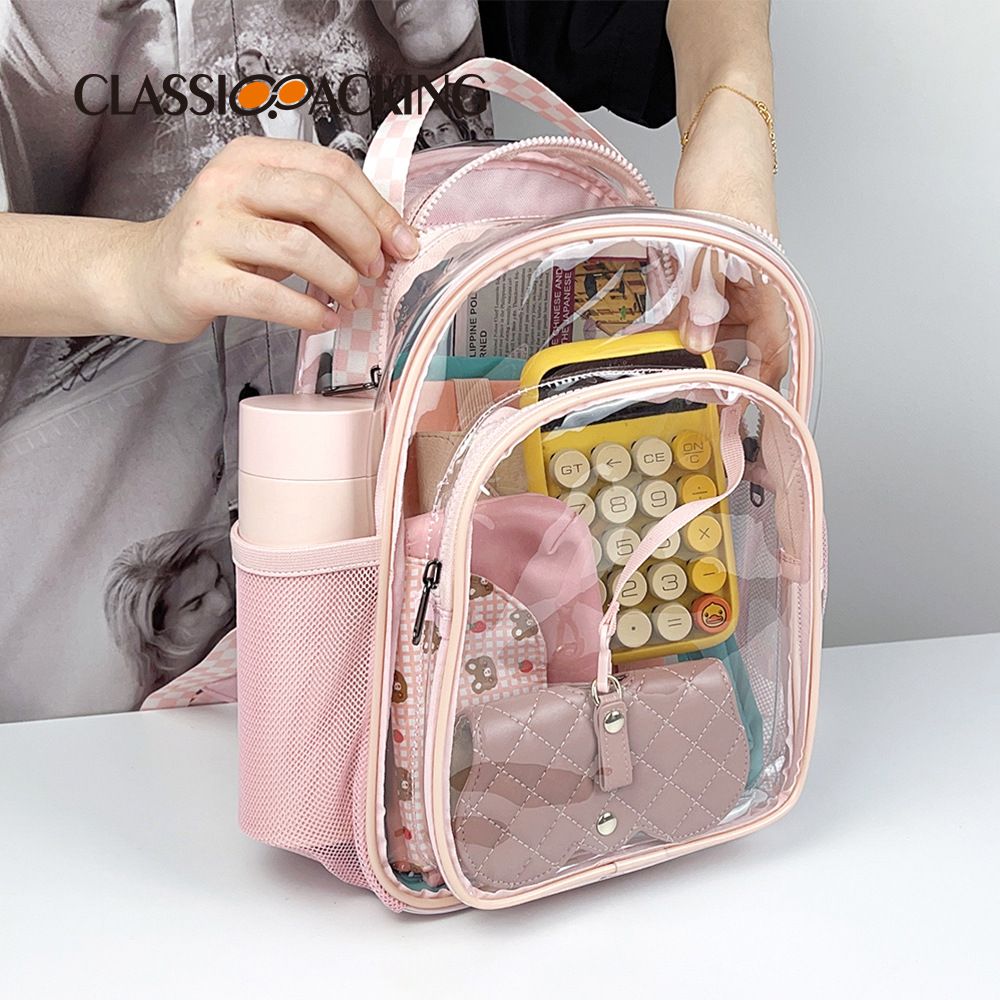 Mochila transparente Mujer estudiante de secundaria mochila impermeable de gran capacidad portátil mochila de jalea de PVC con capa intermedia