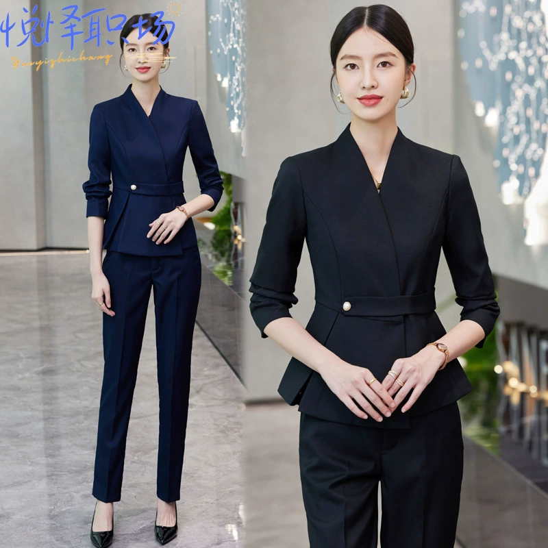 Комбинезоны для ювелирных магазинов, Женская осенне-зимняя Деловая одежда, костюм высокого уровня, темперамент, рюшами, чехол для живота, Золотой магазин, комбинезоны