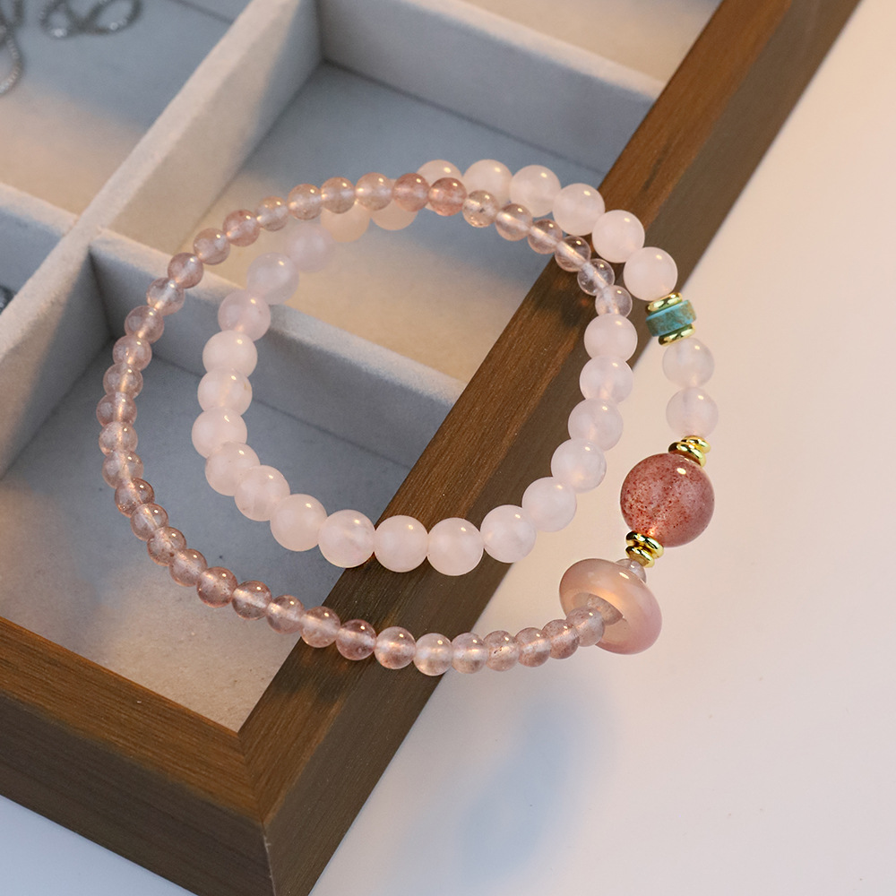 Putuoshan con flores de melocotón pulsera de cristal de fresa natural polvo de cristal de mujer transferencia de perlas nicho delicada pulsera de doble anillo