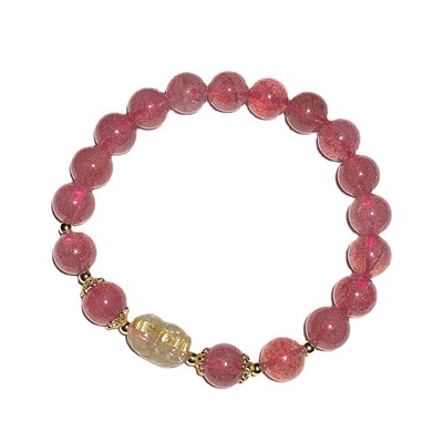 厂家批发草莓晶DIY发晶貔貅女款时尚草莓晶配钛晶貔貅手链批发|ms