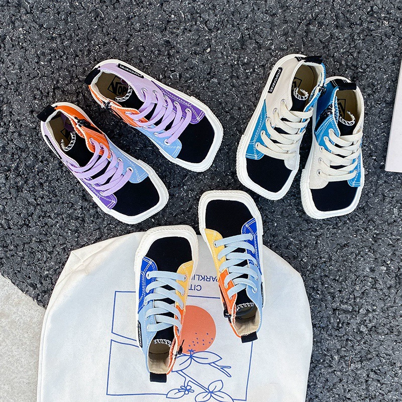 Детская обувь 2024 Весна и осень Новые мальчики и девочки повседневные ретро квадратная голова с высокой боковой застежкой-молнией модные цветовые холстовые туфли