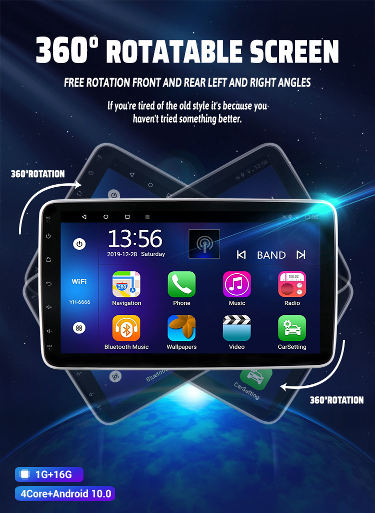 10.1inch Single Spindle 360 Rotating Shaking Head Screen Android Large Screen Central Control Navigation Car Radio Gps All-In-One