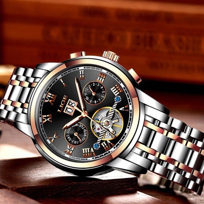LIGE 9813 caliente-venta hueco transparente Tourbillon multifunción reloj mecánico automático correa de acero reloj de hombre