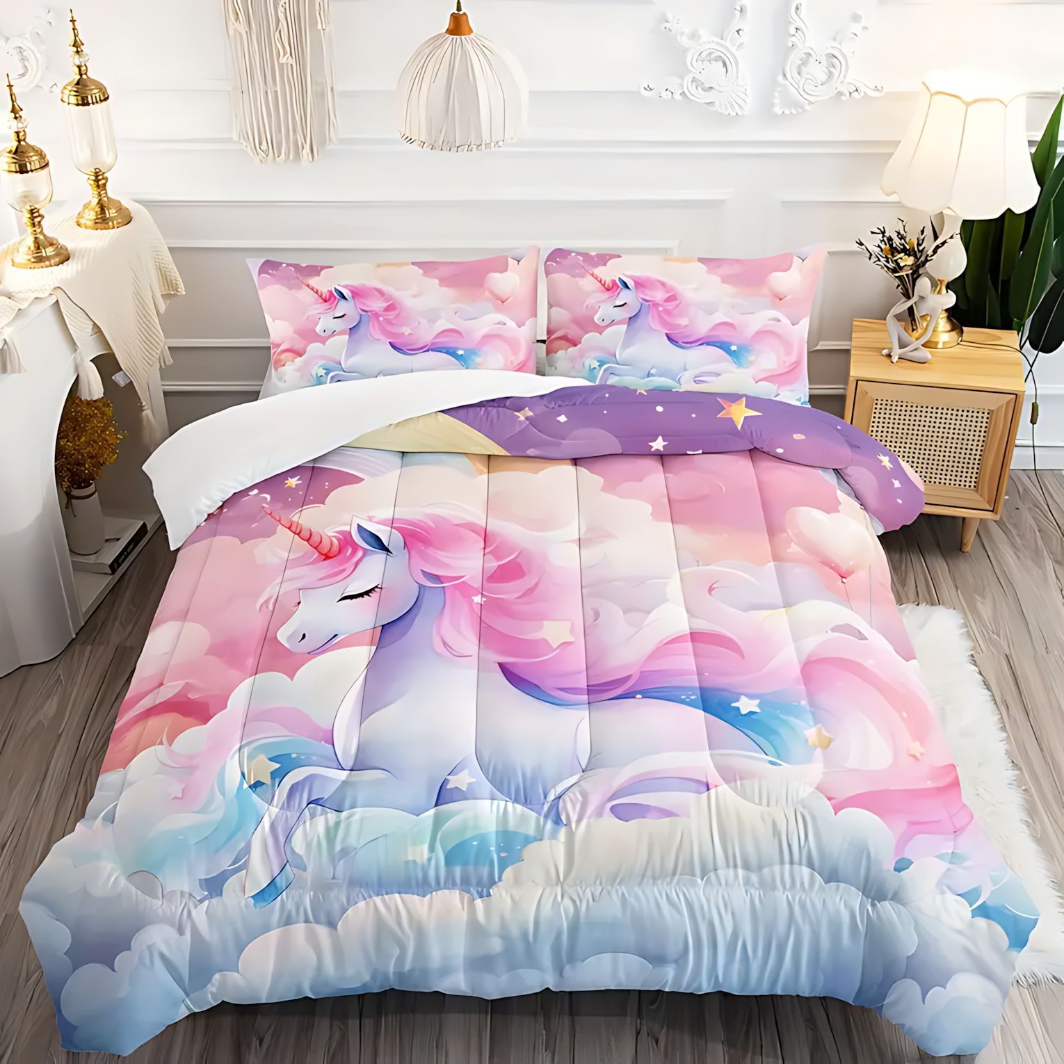 TEMU / JIT Unicornio de dibujos animados para niños impresión digital 3D 180gms colcha colchón conjunto de dibujos pueden hacer
