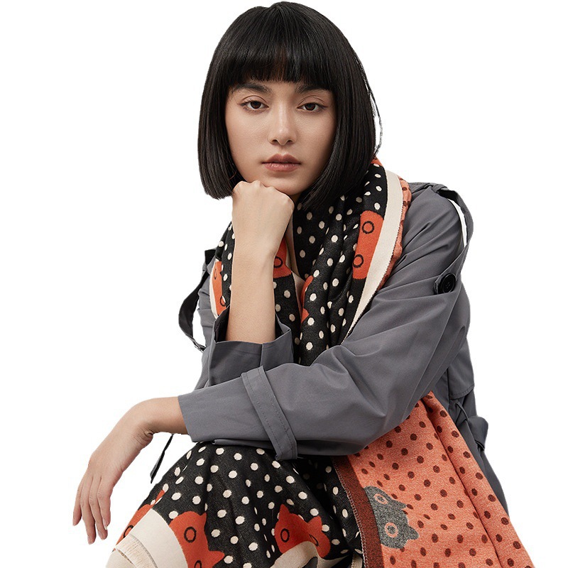 Minimalistischer Tupfendruck für Damen im Herbst und Winter, Schal aus Kaschmirimitat im Western-Stil, Cartoon-Katzenkopf_voghion.com