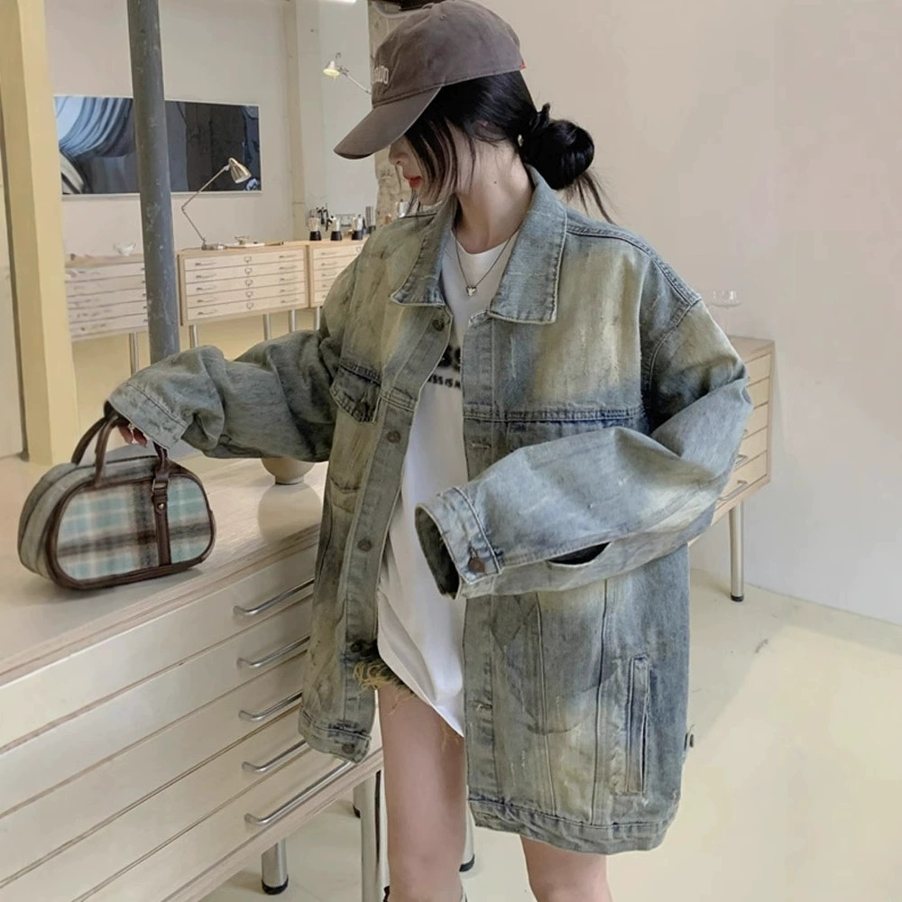 Американский ретро вымытый джинсовый пиджак женский средний и длинный ранний весенний и осенний 2025 новый маленький дикий топ
