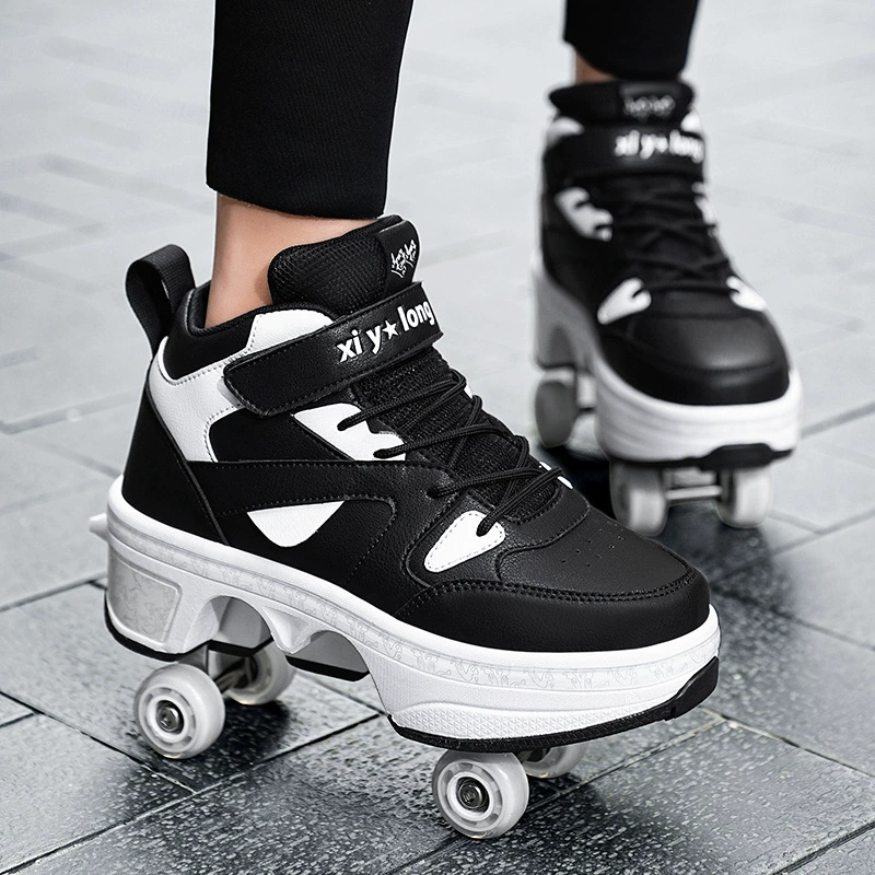 Transformable four‑wheel roller shoes, breathable mesh, unisex, sizes 33–43