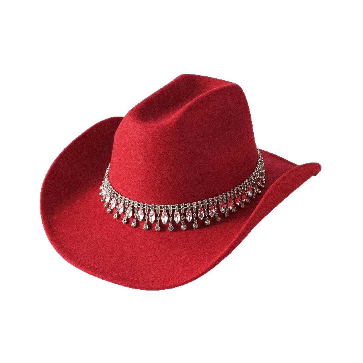 Ancho metal de doble fila de fieltro de diamante occidental sombrero vaquero caliente sombrero de mujer hombre alto estilo francés sombrero