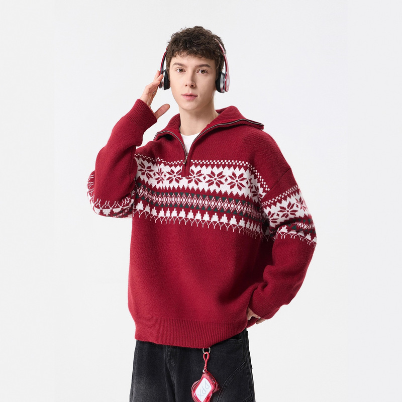 American-Style Heavyweight Turtleneck Sweater for Men and Women, Trendy Brand, Loose Fit, Christmas Fair Isle Pattern Knit Jacket, Trendy Jacquard