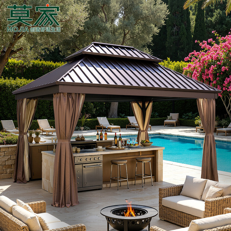 Mo Family Outdoor New Chinese Style Pavilion Courtyard Villa Leisure Galvanized Sunshade with Curtains Leisure Pavilion Mo Family Outdoor New Chinese Style Pavilion Courtyard Villa Leisure Galvanized Sunshade with Curtains Leisure Pavilion