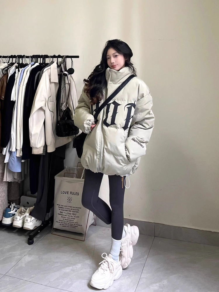 2025新款美式立领字母印花羽绒服男女款加厚韩系冬季外套女图片色
