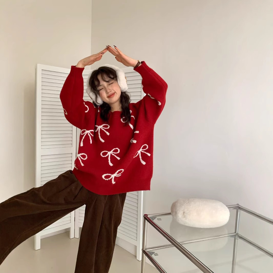 Suéter de Año Nuevo coreano para mujeres otoño y invierno nuevo viento perezoso hombre pequeño cuello redondo rojo chaqueta de punto image 4