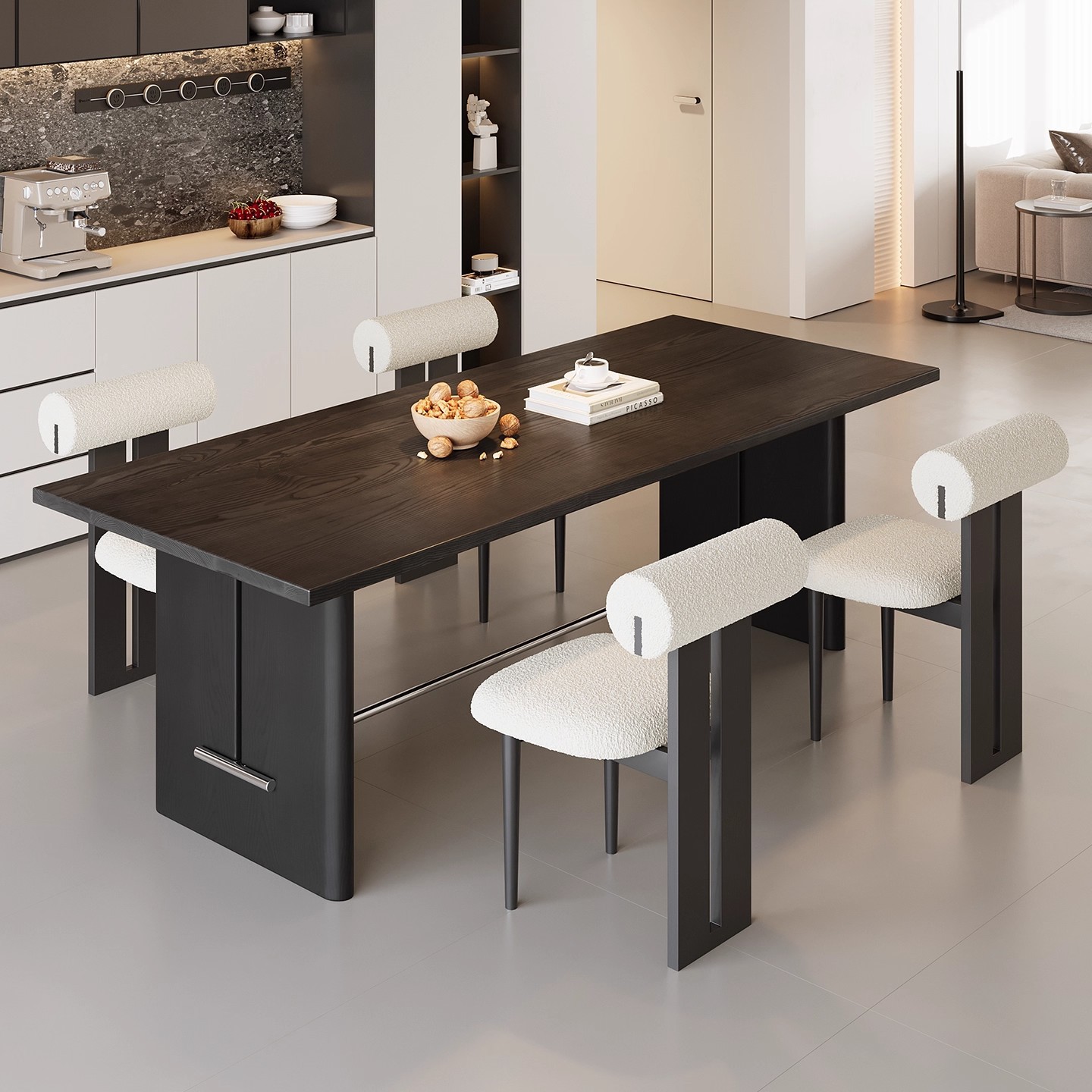 Italian Normcore Black Solid Wood Dining Table Home Modern Normcore 1.6m Dining Table French Cafe Dining Table and Chairs