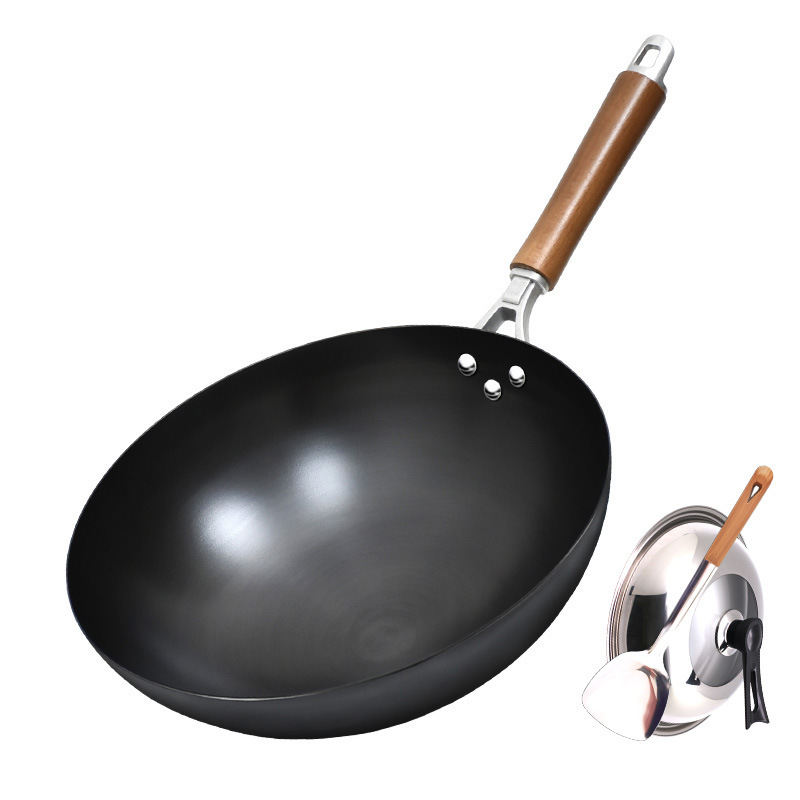 Wok de hierro fundido Zhangqiu para cocinar, sin recubrimiento antiadherente, hecho a mano estilo antiguo, integrado para cocina occidental, con mango de madera, para uso doméstico, venta al por mayor