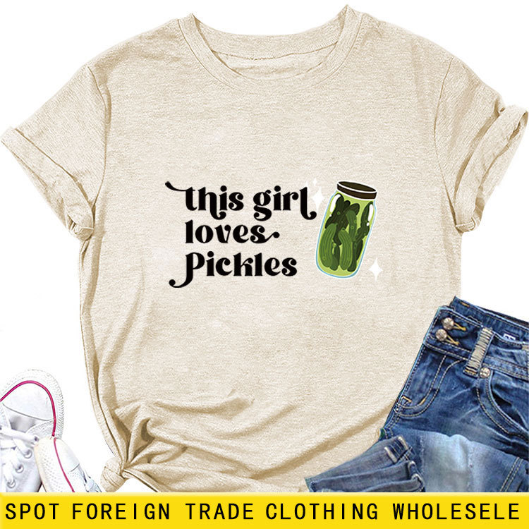 亚马逊休闲时尚趣味女士this girl loves pickles圆领短袖T恤批发