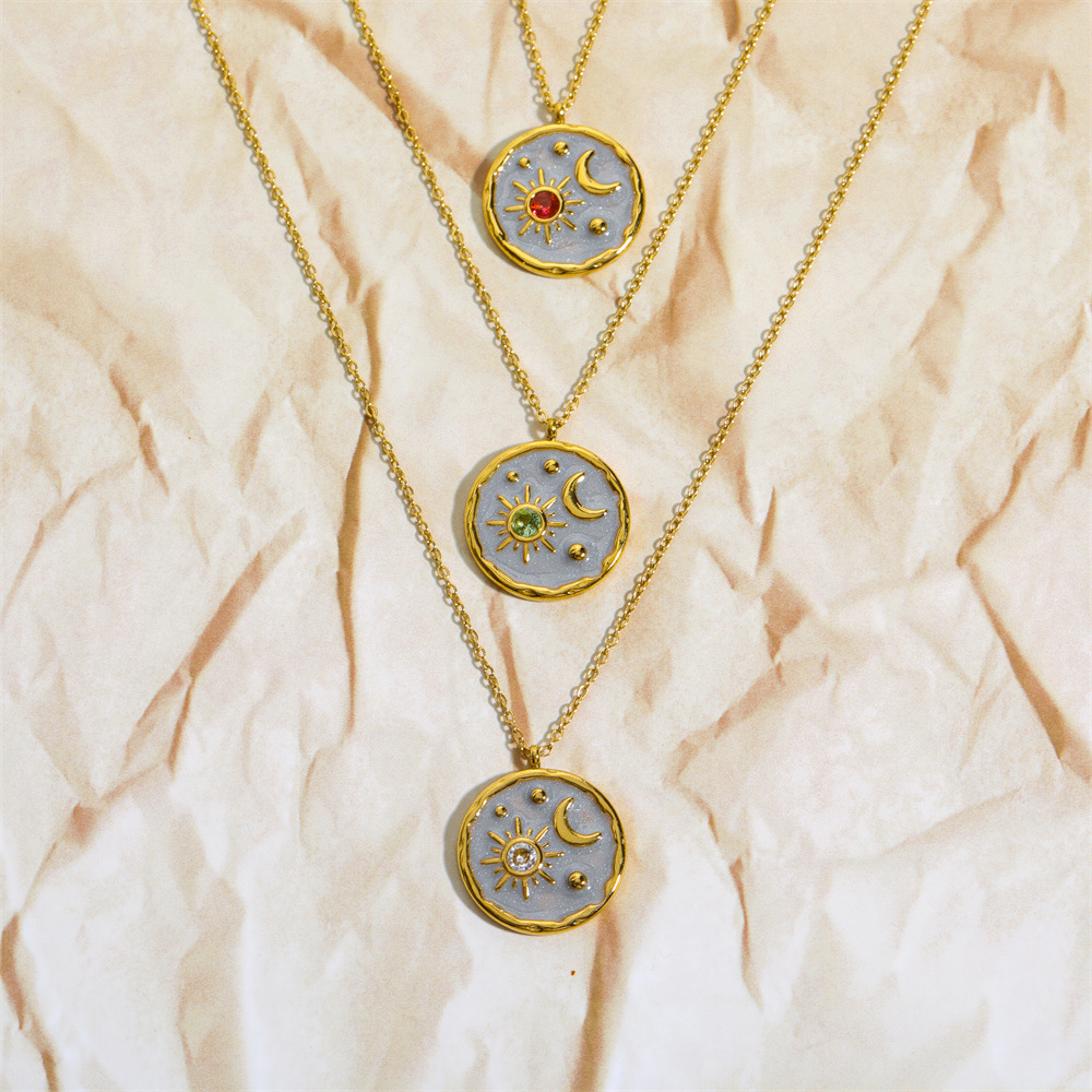 Retro Geometric Sun Moon Stainless Steel Enamel Zircon Pendant Necklace_colorza_4