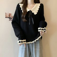 大码秋季新款设计娃娃领木针织衫耳边女装显瘦甜美毛衣上衣