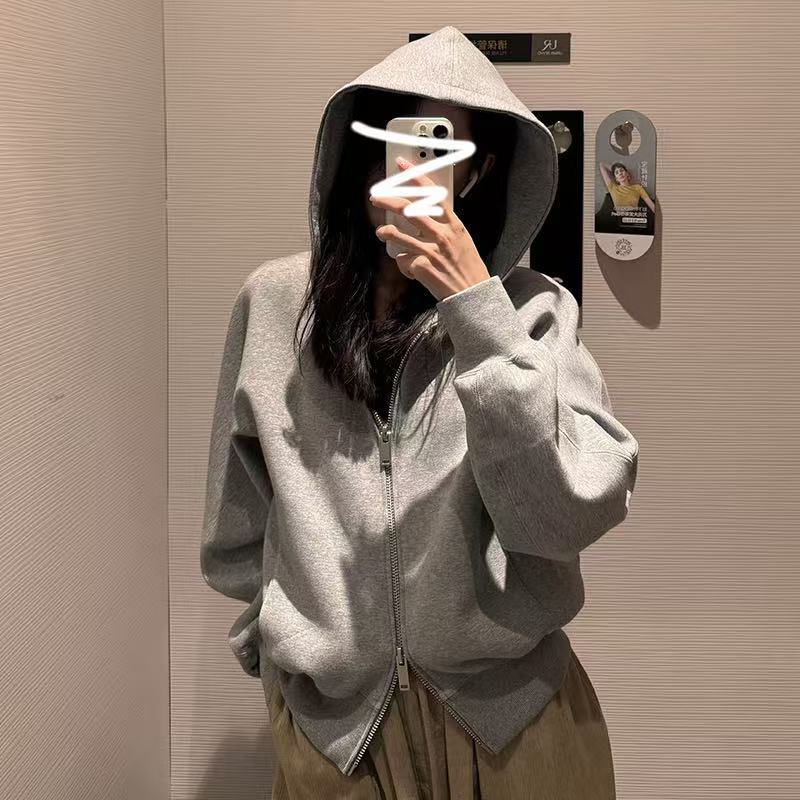 Gray Hooded Sweatshirt for Women, Fleece-Lined, Autumn/Winter 2026 New Style, Petite Size, Sports Casual Zip-Up Jacket