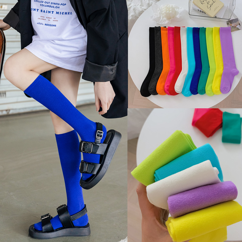 Women's Calf Socks Cotton Colorful 2025 Spring and Summer New Macaron Colorful Fashion Trendy Fashion Knee-High Socks Wholesale