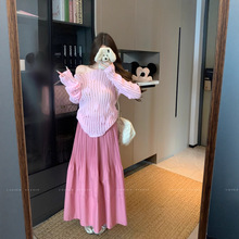 实拍 韩系小众设计感镂空针织衫女高腰粉色褶皱半身裙两件套女装