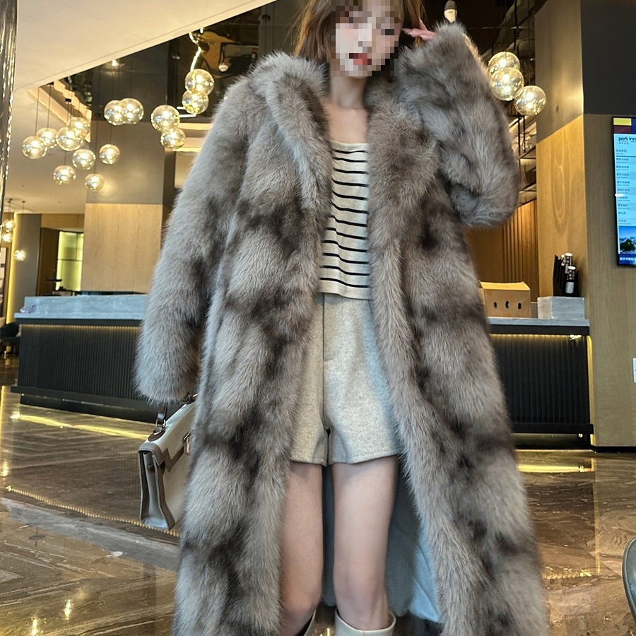 New cross-border winter fashion faux fox fur coat for women, extra long, thick and loose fur coat