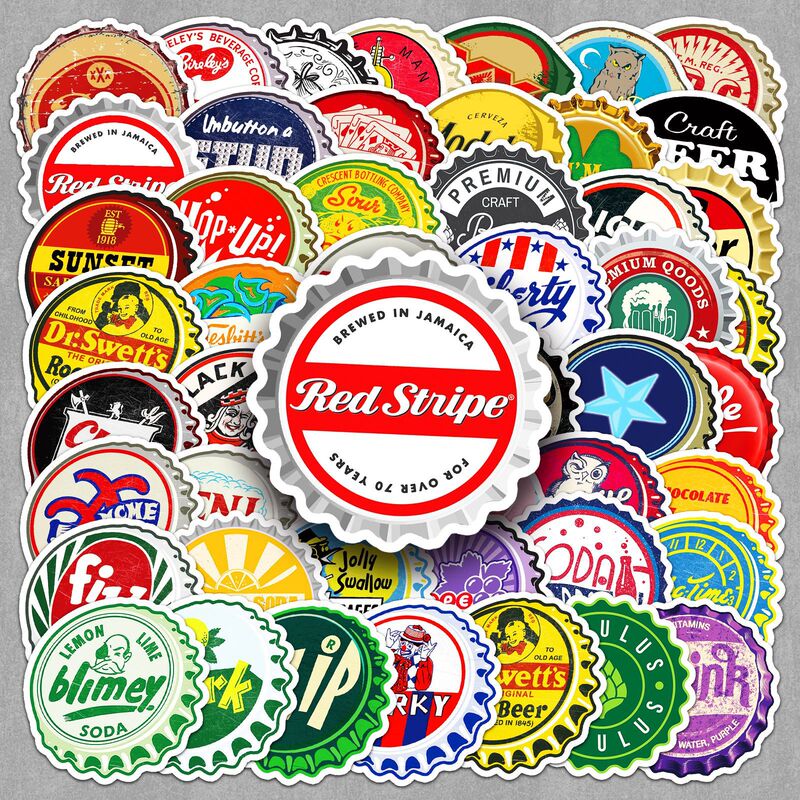 50 bottle cap stickers cool creative beer cover painted hand ledger graffiti goo card cup stickers wholesale