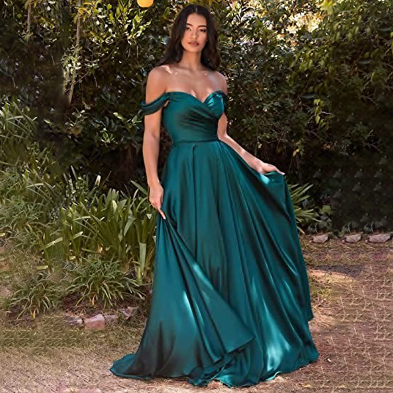 Floating Shoulder-free Satin Bridesmaid Dress Wedding Split Pleated Formal Evening Dress Long Ball Gown