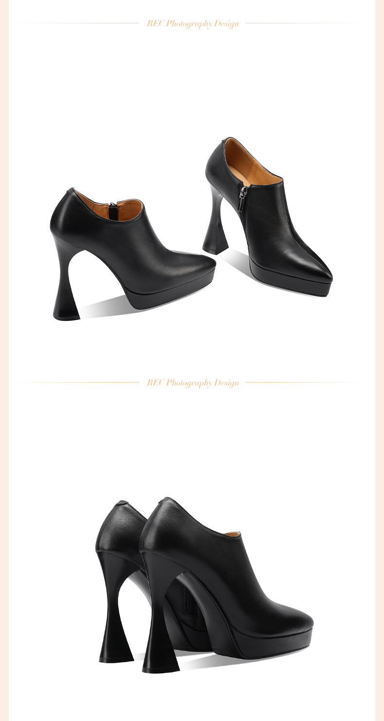 Giày cao gót nữ mũi nhọn miệng sâu gót thô 9 cm đế platform khóa kéo bên hông — Màu đen chi tiết 3