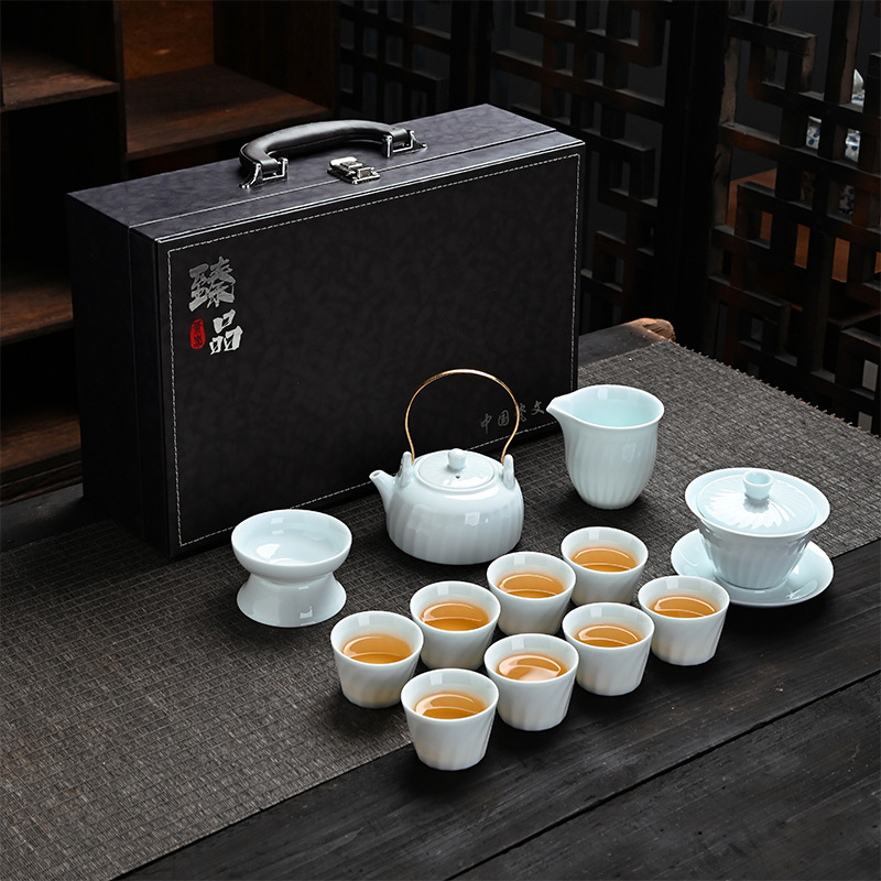 ギフト工夫茶器セット卸売り家庭用ロゴ蓋碗提梁壺開業徳化陶磁器茶器セット|undefined