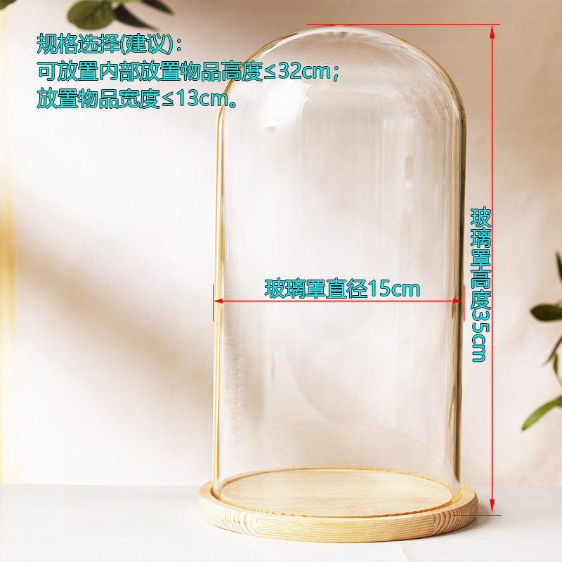 Cubierta cilíndrica de vidrio transparente sin lámpara de madera de estilo inmortal cubierta de polvo de flores hecha a mano decoración creativa de escritorio de bloques