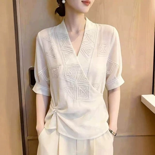白色短袖衬衫女2026夏季新款轻奢高级感裹身式收腰显瘦减龄上衣