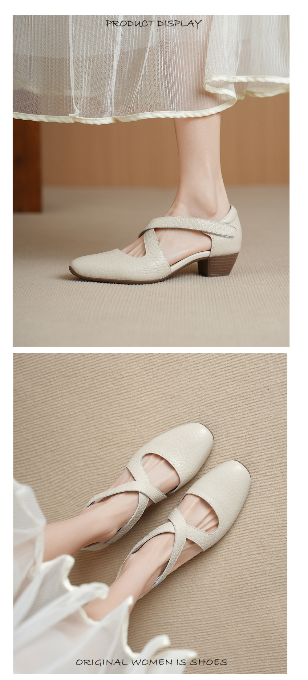 Sandal nữ da cừu mũi trùm gót vuông quai chéo dán — màu trắng ngà chi tiết 6