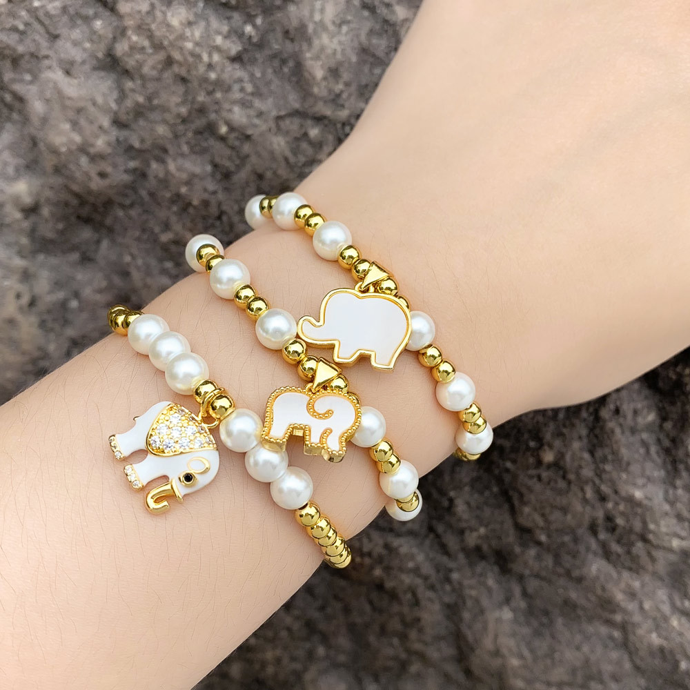 Fashion Elephant Copper Enamel Pearl Inlay Zircon Bracelets 1 Piece