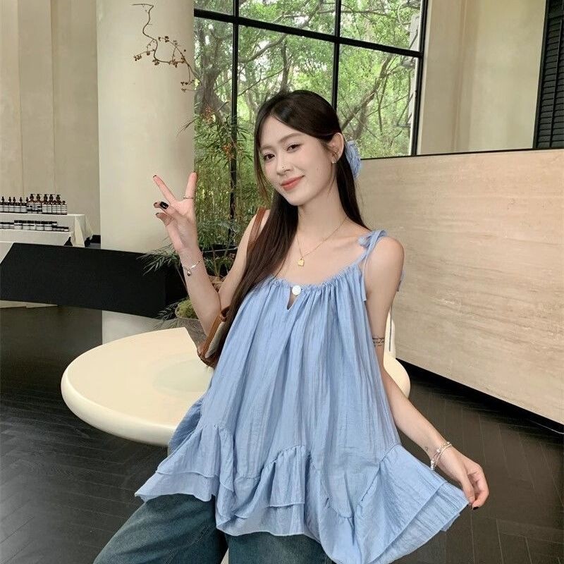 Summer Seaside Resort Style Gentle and Chic Top with Chinese Style Fresh Ruffles and Tie-Up Camisole for Women