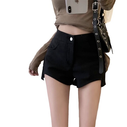 Design sense niche, legged, long black tight shorts, women's high-waist, sexy, hip, small hot girl stretch hot pants