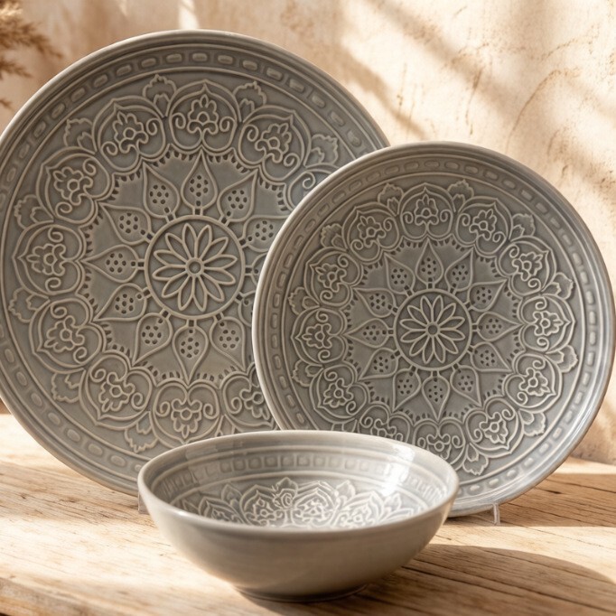 European-Style Vintage Embossed Ceramic Dinnerware Set, Gray Glaze Hollow Lace Plates and Bowls, Creative Household Dishes and Soup Bowls European-Style Vintage Embossed Ceramic Dinnerware Set, Gray Glaze Hollow Lace Plates and Bowls, Creative Household Dishes and Soup Bowls