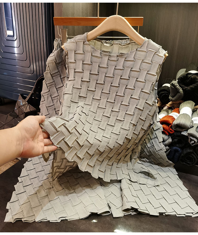 Bộ áo không tay cổ tròn phối quần lưng thun xếp ly dáng rộng mùa hè — đen, màu xanh, màu hồng, xám chi tiết 8