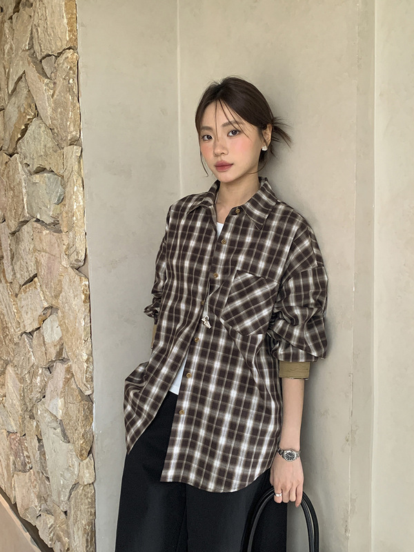 广州十三行2025秋韩风复古格纹纯棉宽松减龄休闲百搭衬衫女02980|undefined