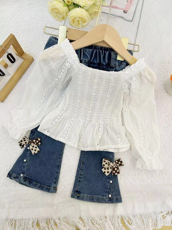 Yumi Cocoa2023 autumn new girls fancy hollowed-out top + beaded bow jeans