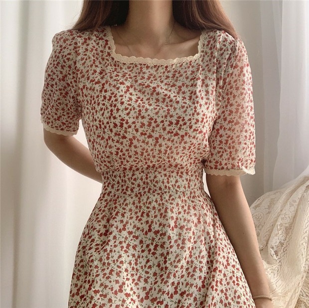 retro mid-length square collar slim floral dress  NSFYF56264