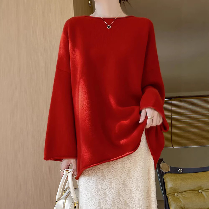 Curled Round Neck 100 Pure Wool Sweater for Women Loose Lazy Style Dropped Shoulder Sleeve Long-Sleeved Sweater Loose Wool Bottoming Sweater