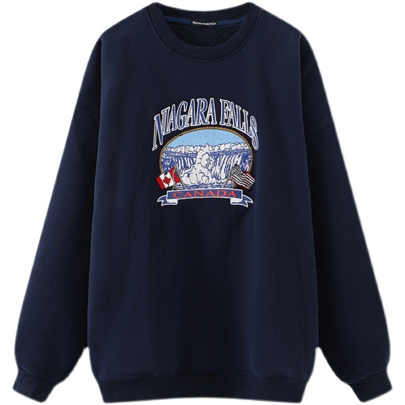 BM style Brandy same style loose retro kendou same style bm navy blue fleece-lined waterfall embroidered sweater couple style