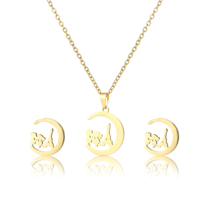 Cute boy girl moon pendant necklace earrings set stainless steel chain set