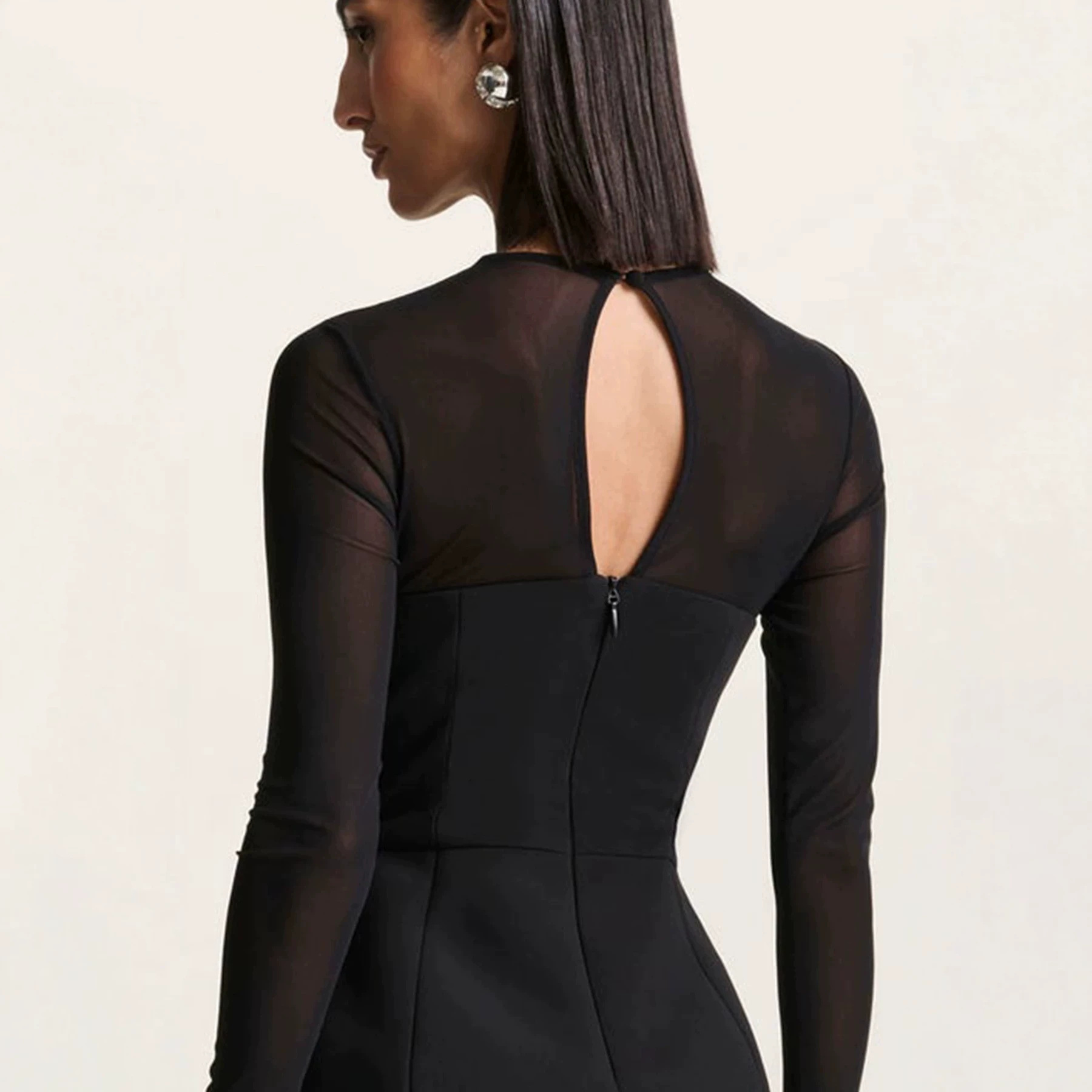 Amazon 2026 verano nuevo estilo de moda cuello redondo de manga larga malla transparente empalme vestido de cintura delgada en forma de A image 4