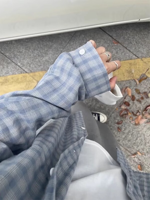 アメリカンレトロブルーチェック柄シャツ春夏ルーズレイジースタイルトップス多用途薄手日焼け止めシャツシャツジャケット|undefined